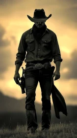 Lone cowboy strides through golden dusk plains in silence.