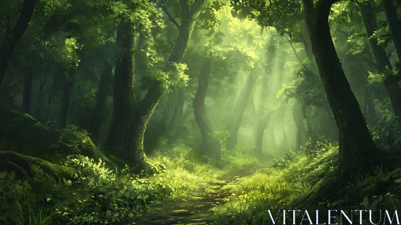 Luminous Forest Canopy: Digital Landscape with Radiant Pathway.