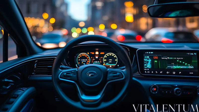 City lights reflected in a modern car’s glowing cockpit.