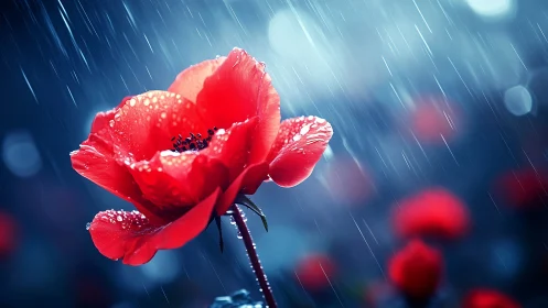 Luminescent Red Poppy in Nocturnal Rainfall with Bokeh Atmospheric Effects.