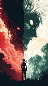 Shadowborn hero facing twin titans of fire and sky.