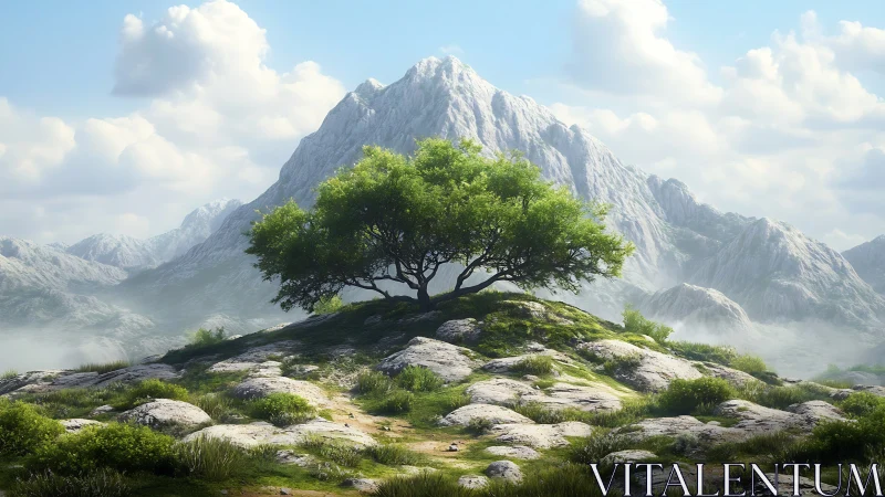 Solitary green tree on rocky alpine ridge under diffuse clouds