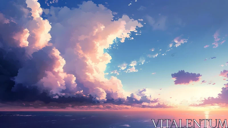 Sunlit cumulonimbus towering over tranquil ocean horizon.