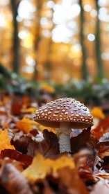Fly agaric mushroom on forest floor amid autumn leaves.