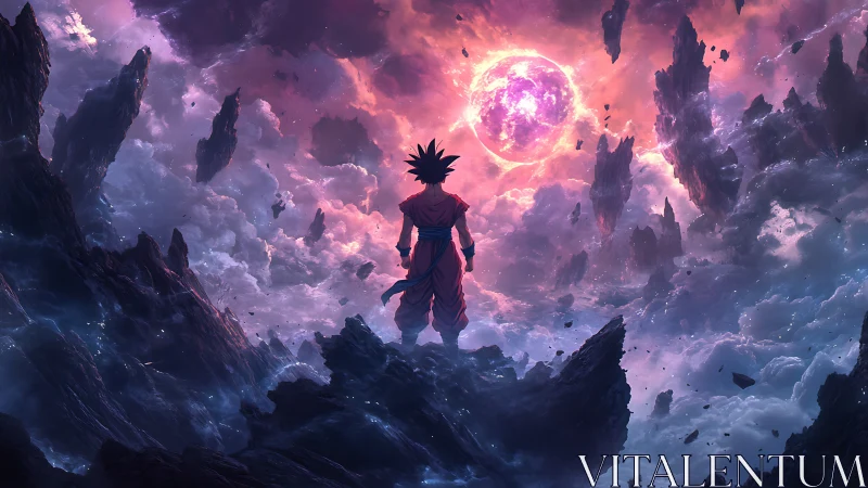 Lone warrior studies glowing planet over shattered sky.