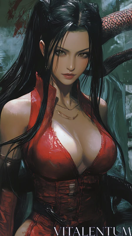 Sultry cyber warrior in glossy crimson bodysuit portrait.