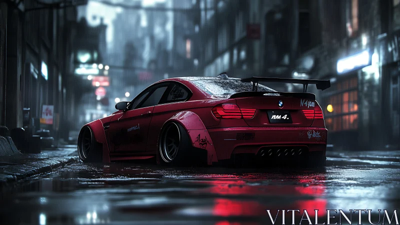 Midnight red street racer cools in the rainy neon city