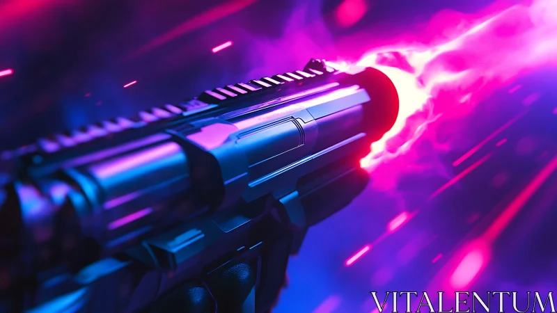 Futuristic energy pistol firing neon plasma blast in void.