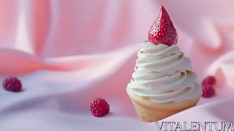 Strawberry swirl cupcake on soft pink satin backdrop.