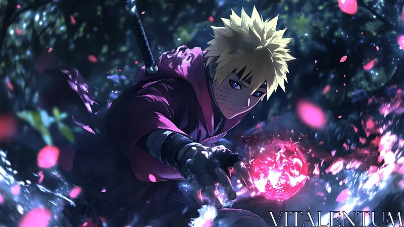 Blond anime ninja in dynamic forest battle pose.