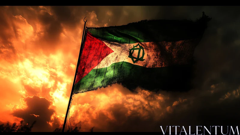 Tattered tricolor flag against blazing storm sunset sky.