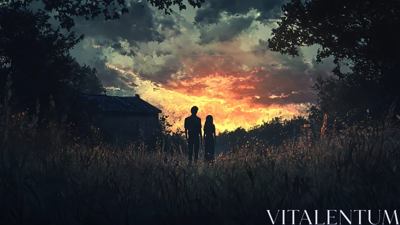 Silhouetted figures in field against dense sunset sky.