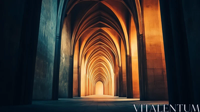 Golden arches of quiet light along a timeless corridor.