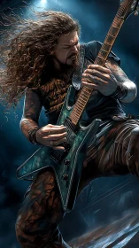 Explosive metal guitarist soloing under icy blue stage lights.