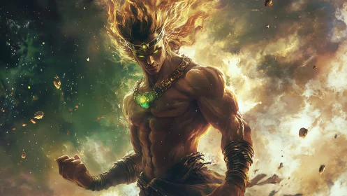 Muscular figure stands amid glowing cosmic cloud field