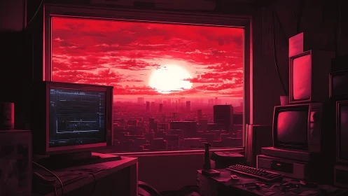Retro command station facing overexposed crimson megacity sunset.