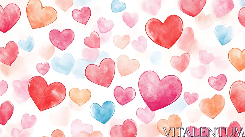 Watercolor hearts pattern in pink, red, and pastel tones.