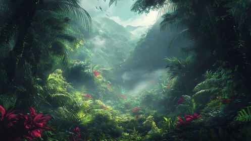 Misty tropical valley with luminous vegetation and distant mountains