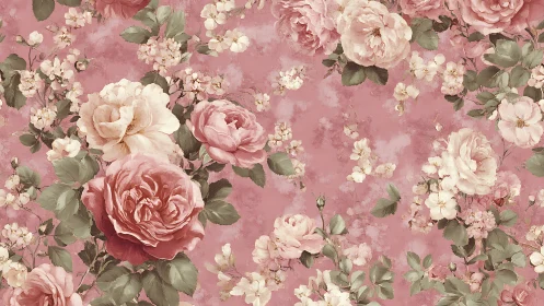 Vintage rose wallpaper pattern on dusty pink background.