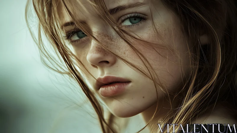 Freckled gaze in windswept close-up portrait study.