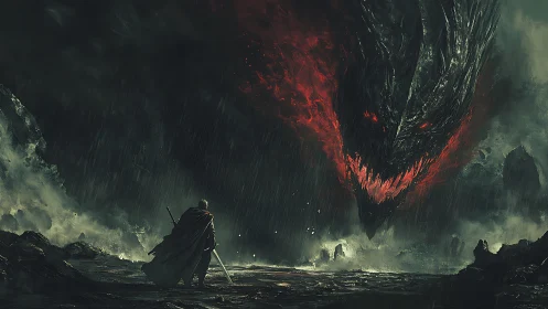 Lone knight confronts colossal infernal dragon in stormscape.