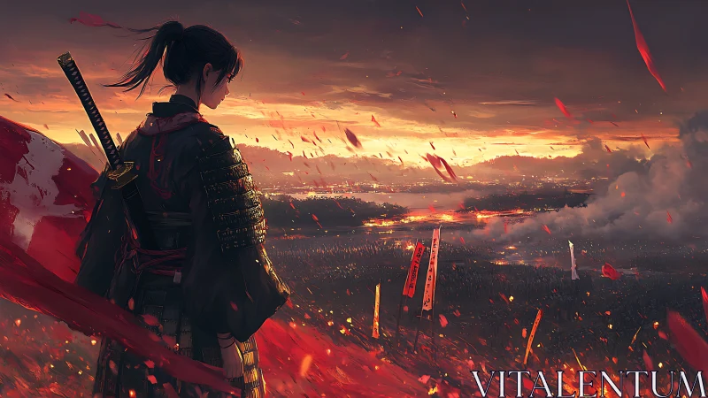 Samurai warrior observes burning battlefield at sunset