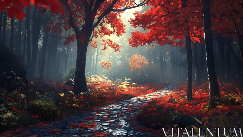 Autumn's Crimson Path Through the Misty Woods.