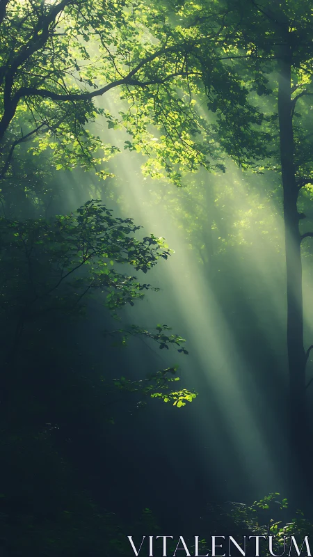 Gentle morning sunbeams pour softly through a quiet forest
