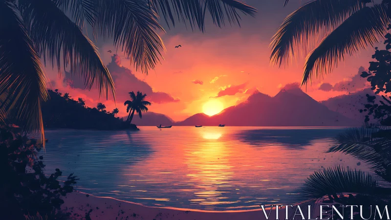 Sunset paints the island lagoon in molten tropical color