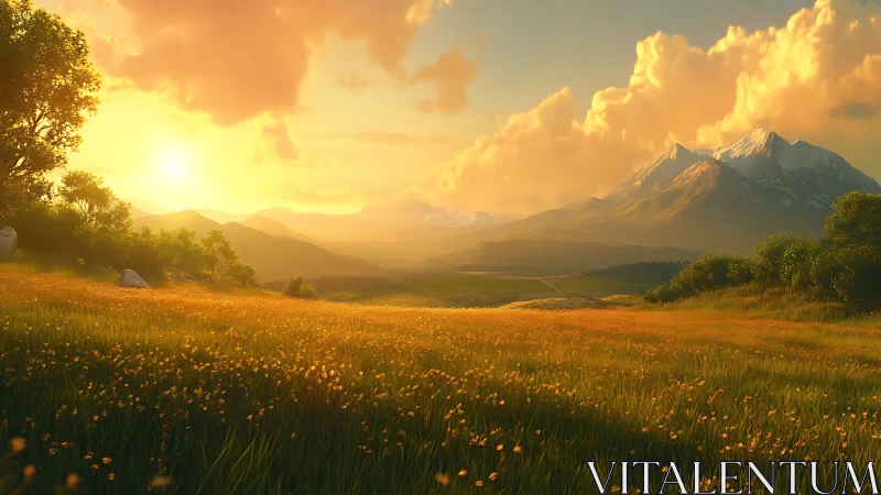 Sunlit meadow extends toward layered distant mountain range