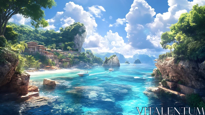 Digitally Rendered Tropical Lagoon with Architectural Resort Nestled Within Limestone Formations