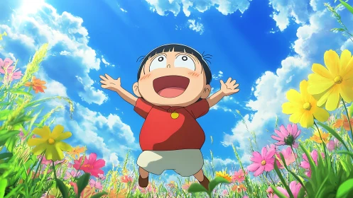 Joyful child leaping in wildflower meadow under vivid sky.