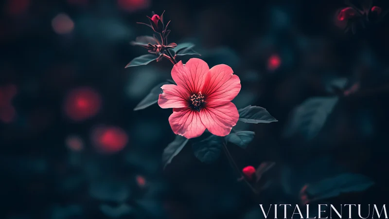 Coral Pink Blossom Against Teal Bokeh Composition.