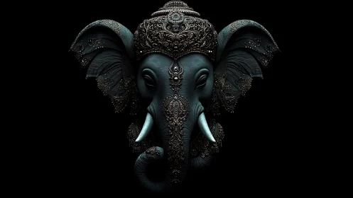 Ornate elephant portrait glows against deep black void
