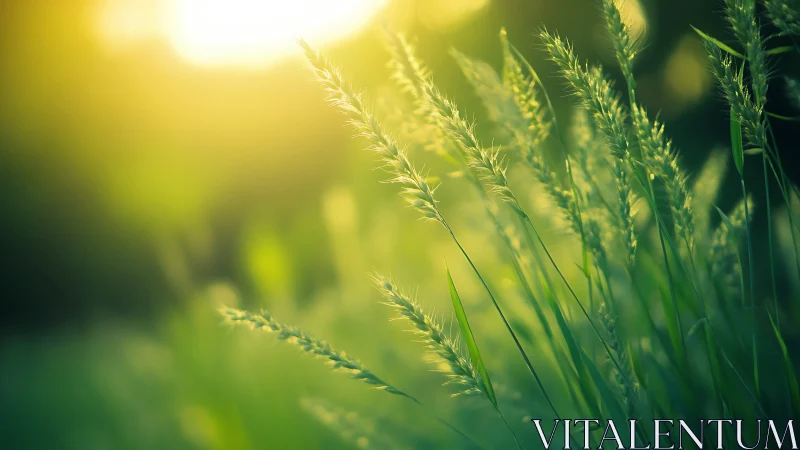 Sunlit meadow grasses glow softly in warm golden haze.