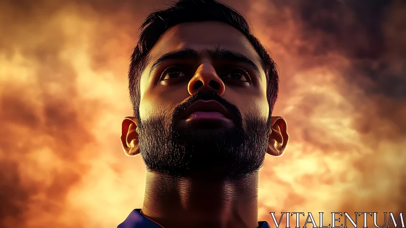 Storm-lit sports hero gazes upward through burning skies.