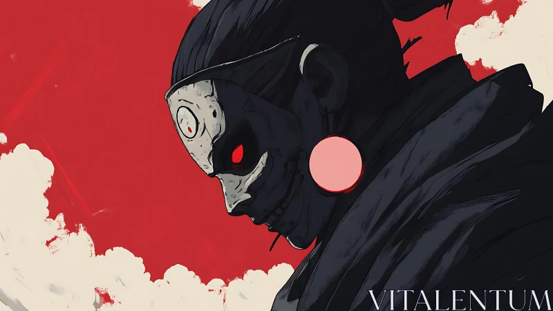 Masked warrior profile against stark red sky background.