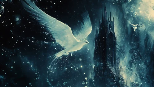 White bird in dark ethereal space near towering structure.