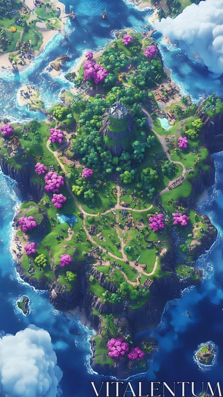 Floating Fantasy Island Aerial View With Magenta Flora