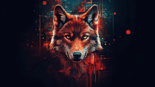 Wolf head digital painting with abstract neon geometry.