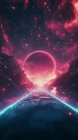Neon starroad stretches toward a glowing cosmic horizon.