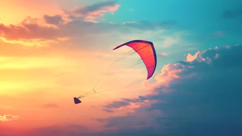 Single curved kite suspended against gradient sunset sky.