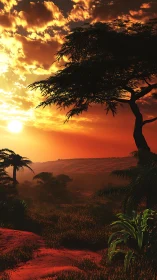 Glowing savanna sunset bathing quiet trees in gentle warmth.