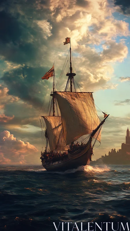 Sunlit caravel under dynamic cumulus sky in coastal departure