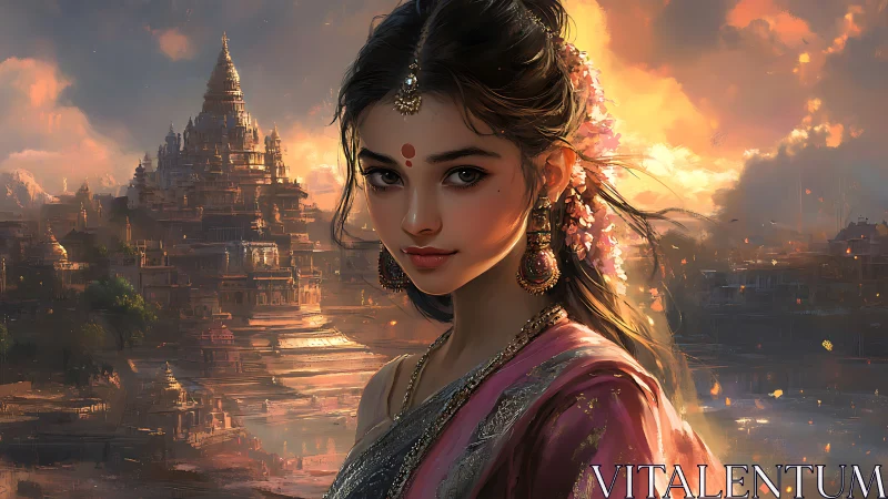 Temple twilight illuminates serene woman in silk sari.