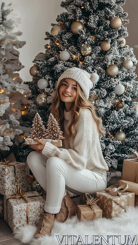 Cozy winter morning by the glittering Christmas tree.