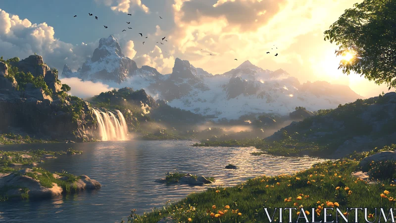 Golden sunrise gently warms a tranquil mountain lake valley