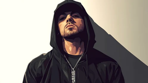 Hooded male figure in stylized digital portrait format.