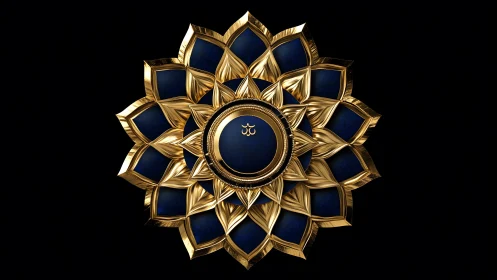 Luxurious Blue and Gold Mandala with Om Symbol, Digital Art.