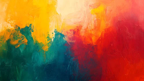 Bold abstract painting with vibrant yellow, teal, and red hues.